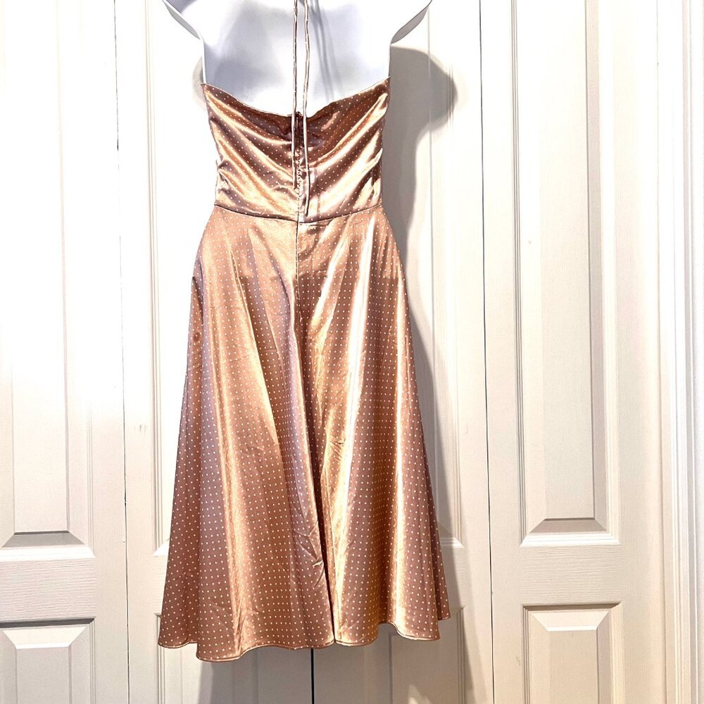 Alyn Paige-Women's Size 5/6 Jrs.-Halter Polka Dot Flowy Satin Feel Dress-Tan/Wh - Picture 9 of 15